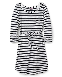 Mix a little riviera into her everyday wardrobe with this nautical-inspired stripe dress, featuring a belted waist and cool contrast trim details. Mix a little riviera into her everyday wardrobe with this nautical-inspired stripe dress, featuring a belted waist and cool contrast trim details.