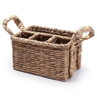 A flatware caddy in tightly braided water hyacinth brings a rustic, earthy look to your décor. 3 small compartments and 1 large compartment provide organization and offer plenty of room for all your forks, knives and spoons. A flatware caddy in tightly braided water hyacinth brings a rustic, earthy look to your décor. 3 small compartments and 1 large compartment provide organization and offer plenty of room for all your forks, knives and spoons.