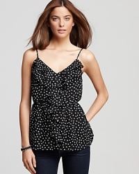 Whimsical polka dots and flirtatious ruffles marry for playful style from this Aqua cami, the perfect pairing to dark-wash skinnies for a season of coquettish nights. Whimsical polka dots and flirtatious ruffles marry for playful style from this Aqua cami, the perfect pairing to dark-wash skinnies for a season of coquettish nights.