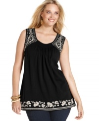 Embroidery lends elegant sophistication to Charter Club's sleeveless plus size top-- team it with your favorite neutral bottoms for a classically chic look. Embroidery lends elegant sophistication to Charter Club's sleeveless plus size top-- team it with your favorite neutral bottoms for a classically chic look.