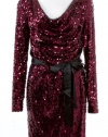 Aqua Wine Sequin Cowl Neckline Long Sleeve Dress 2