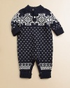 An adorable long-sleeved coverall is intarsia-knit with a festive snowflake pattern, perfect for the holiday season.Ribbed stand collarLong sleevesButton-frontBottom buttonsCottonMachine washImported Please note: Number of buttons/snaps may vary depending on size ordered. 