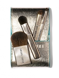 Perfectly packable in a metallic, faux-leather case-- whether you're headed out of town or just a night on the town, our Mini Brush Set features full-sized brush heads in a new slimline design for a flawless finish wherever you go. Set includes: Four brushes: Blush, Eye Sweep, Angle Eye Shadow, and Ultra Fine Eye Liner all in a compact case. There's a handy compartment in the case designed to hold our Desert Twilight Eye Palette, too. Perfectly packable in a metallic, faux-leather case-- whether you're headed out of town or just a night on the town, our Mini Brush Set features full-sized brush heads in a new slimline design for a flawless finish wherever you go. Set includes: Four brushes: Blush, Eye Sweep, Angle Eye Shadow, and Ultra Fine Eye Liner all in a compact case. There's a handy compartment in the case designed to hold our Desert Twilight Eye Palette, too.
