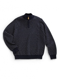 THE LOOKRibbed mockneckBird's eye knit pattern¼ zip frontLong sleeves with ribbed cuffsRibbed hemTHE MATERIAL69% cotton/31% woolCARE & ORIGINHand washImported THE LOOKRibbed mockneckBird's eye knit pattern¼ zip frontLong sleeves with ribbed cuffsRibbed hemTHE MATERIAL69% cotton/31% woolCARE & ORIGINHand washImported