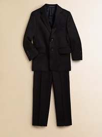 Impeccable tailoring in a luxurious wool fabric with all the right details. Blazer Notched collarLong sleeves with button detailSingle-breasted with front button closureTwo front flap pocketsDouble back vents Pants Front button closureZip flyFront slash pocketsWoolDry cleanImported Please note: Number of buttons may vary depending on size ordered. Impeccable tailoring in a luxurious wool fabric with all the right details. Blazer Notched collarLong sleeves with button detailSingle-breasted with front button closureTwo front flap pocketsDouble back vents Pants Front button closureZip flyFront slash pocketsWoolDry cleanImported Please note: Number of buttons may vary depending on size ordered.