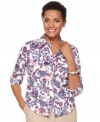 Outfitted with a painterly paisley print, this petite shirt from Karen Scott pairs well with slim-fitting khaki pants for a stylish seasonal look! (Clearance)