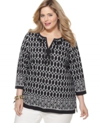 Look gorgeous on a budget with Charter Club's three-quarter sleeve plus size top, finished by a stylish geometric print-- it's an Everyday Value! Look gorgeous on a budget with Charter Club's three-quarter sleeve plus size top, finished by a stylish geometric print-- it's an Everyday Value!