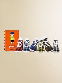 Six pairs of brightly-colored plaid high-top tennis shoe socks with mock lace details, packaged in a cute box. 80% cotton/17% acrylic/3% spandex Machine wash Imported Six pairs of brightly-colored plaid high-top tennis shoe socks with mock lace details, packaged in a cute box. 80% cotton/17% acrylic/3% spandex Machine wash Imported