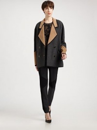 This crisp, colorblock wool design features camel hair panels and sharp contrast piping.Notched lapelsDouble-breasted button frontSide slash pocketsContrast pipingSilk liningAbout 32 from shoulder to hemBody: woolInsets: camel hairDry cleanMade in USA of Italian fabricModel shown is 5'10 (177cm) wearing US size 4. This crisp, colorblock wool design features camel hair panels and sharp contrast piping.Notched lapelsDouble-breasted button frontSide slash pocketsContrast pipingSilk liningAbout 32 from shoulder to hemBody: woolInsets: camel hairDry cleanMade in USA of Italian fabricModel shown is 5'10 (177cm) wearing US size 4.