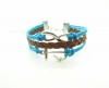 Blue Rope and Brown Braided Leather Steampunk Adjustable Vintage Silver Karma Bracelet,infinity Wish Anchor Bracelet 1143r