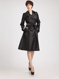 Traditional trench styling gets an exotic update, rendered in lustrous leopard-patterned jacquard.Foldover collarEpaulettesDouble-breasted button frontSelf beltSide slash pocketsAbout 37 from shoulder to hem69% nylon/22% polyester/9% acrylicDry cleanMade in FranceModel shown is 5'10 (177cm) wearing US size 4. Traditional trench styling gets an exotic update, rendered in lustrous leopard-patterned jacquard.Foldover collarEpaulettesDouble-breasted button frontSelf beltSide slash pocketsAbout 37 from shoulder to hem69% nylon/22% polyester/9% acrylicDry cleanMade in FranceModel shown is 5'10 (177cm) wearing US size 4.