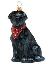 Lucky dog! Just begging for a home, this black lab ornament has puppy dog eyes and a beautiful coat in hand-painted glass by Joy to the World. Lucky dog! Just begging for a home, this black lab ornament has puppy dog eyes and a beautiful coat in hand-painted glass by Joy to the World.