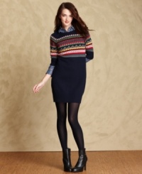 Create a cozy ensemble with Tommy Hilfiger's Fair Isle knit sweater dress. All you need are tights and boots to complete the look! Create a cozy ensemble with Tommy Hilfiger's Fair Isle knit sweater dress. All you need are tights and boots to complete the look!