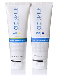 Two fluoride toothpastes provide whitening maintenance and aromatherapy benefits. AM formula contains lively essential oils of lemon, lime, orange, mandarin and peppermint for an uplifting morning experience. PM blends soothing essential oils of chamomile, lavender, valerian root and vanilla for a relaxation sensation. Hydrated silica polishes away stains Fluoride helps prevent tooth decay Two tubes, 3.5 oz. each Two fluoride toothpastes provide whitening maintenance and aromatherapy benefits. AM formula contains lively essential oils of lemon, lime, orange, mandarin and peppermint for an uplifting morning experience. PM blends soothing essential oils of chamomile, lavender, valerian root and vanilla for a relaxation sensation. Hydrated silica polishes away stains Fluoride helps prevent tooth decay Two tubes, 3.5 oz. each