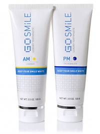 Two fluoride toothpastes provide whitening maintenance and aromatherapy benefits. AM formula contains lively essential oils of lemon, lime, orange, mandarin and peppermint for an uplifting morning experience. PM blends soothing essential oils of chamomile, lavender, valerian root and vanilla for a relaxation sensation. Hydrated silica polishes away stains Fluoride helps prevent tooth decay Two tubes, 3.5 oz. each