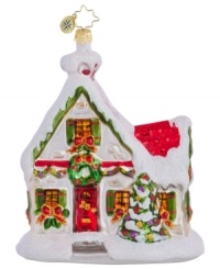 A model home, this beautifully decked ornament boasts brilliant colors and a fresh dusting of snow, all in mouth-blown, hand-painted glass from Christopher Radko. A model home, this beautifully decked ornament boasts brilliant colors and a fresh dusting of snow, all in mouth-blown, hand-painted glass from Christopher Radko.