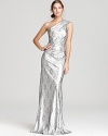 In sequined lace, David Meister's one shoulder dress exudes timeless sparkle.