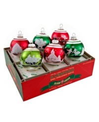 This set of signature flocked ornaments by Christopher Radko is filled with classic Christmas elegance. Each Shiny Brite ball features a unique frosty scene, from skiing snowmen to Santa's sleigh, in shades of green and red. This set of signature flocked ornaments by Christopher Radko is filled with classic Christmas elegance. Each Shiny Brite ball features a unique frosty scene, from skiing snowmen to Santa's sleigh, in shades of green and red.