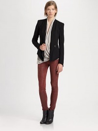 Angled hem and subtle draping revive this classically styled blazer. Shawl collarButton frontLong sleevesAsymmetrical hemAbout 26 from shoulder to hem99% viscose/1% Lycra®Dry cleanMade in USA of Italian fabricModel shown is 5'10 (177cm) wearing US size 2. Angled hem and subtle draping revive this classically styled blazer. Shawl collarButton frontLong sleevesAsymmetrical hemAbout 26 from shoulder to hem99% viscose/1% Lycra®Dry cleanMade in USA of Italian fabricModel shown is 5'10 (177cm) wearing US size 2.