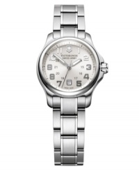 Petite precision. Officer's XS watch by Victorinox Swiss Army crafted of stainless steel bracelet and round case with anti-reflective sapphire crystal. White dial features applied silver tone numerals, military time, date window at six o'clock, three hands and logo. Swiss quartz movement. Water resistant to 100 meters. Three-year limited warranty. Petite precision. Officer's XS watch by Victorinox Swiss Army crafted of stainless steel bracelet and round case with anti-reflective sapphire crystal. White dial features applied silver tone numerals, military time, date window at six o'clock, three hands and logo. Swiss quartz movement. Water resistant to 100 meters. Three-year limited warranty.