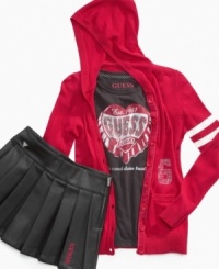 Her style gets even sweeter when she adds this hoodie cardigan from Guess to her layered looks. Her style gets even sweeter when she adds this hoodie cardigan from Guess to her layered looks.