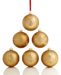 Crafted with a matte gold finish and elegant scrollwork design, these Holiday Lane ornaments bring a sweet sparkle to your tree. Crafted with a matte gold finish and elegant scrollwork design, these Holiday Lane ornaments bring a sweet sparkle to your tree.