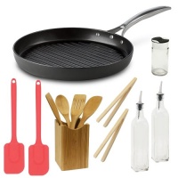 Calphalon Unison Nonstick 12in round grill pan + Tool Set 5 Piece Bamboo Finish + 10.5in Silicone Spatula Cherry + Bamboo Toast Tong - 6.5 Inch Long + Tall Oil and Vinegar Bottle Glass Finish + Spice Bottle Glass Finish Calphalon Unison Nonstick 12in round grill pan + Tool Set 5 Piece Bamboo Finish + 10.5in Silicone Spatula Cherry + Bamboo Toast Tong - 6.5 Inch Long + Tall Oil and Vinegar Bottle Glass Finish + Spice Bottle Glass Finish