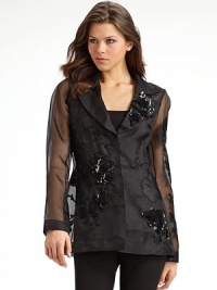 THE LOOKNotched collar Long sleeves Concealed snap front Sheer silk chiffon Floral embroidery with sequin embellishmentTHE FITAbout 27 from shoulder to hemTHE MATERIALSilkCARE & ORIGINDry clean Imported THE LOOKNotched collar Long sleeves Concealed snap front Sheer silk chiffon Floral embroidery with sequin embellishmentTHE FITAbout 27 from shoulder to hemTHE MATERIALSilkCARE & ORIGINDry clean Imported