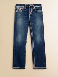 Thick, contrast stitching with neon bartacks, silvertone hardware and signature pockets define this comfy, slim-fitting pair.Front button closureAdjustable waistband with belt loopsZip flyFive-pocket styleCotton/SpandexMachine washImported of domestic fabric Thick, contrast stitching with neon bartacks, silvertone hardware and signature pockets define this comfy, slim-fitting pair.Front button closureAdjustable waistband with belt loopsZip flyFive-pocket styleCotton/SpandexMachine washImported of domestic fabric