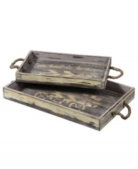 Functional and full of charm, Rafi trays are crafted of distressed wood with stripped ivory detail for a charming antique look. With woven grass handles. Functional and full of charm, Rafi trays are crafted of distressed wood with stripped ivory detail for a charming antique look. With woven grass handles.