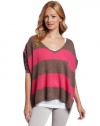 Minnie Rose Women's 100% Cashmere Stripe Pow Wow Top, Brown Sugar/Pink Floyd, Petite/Small