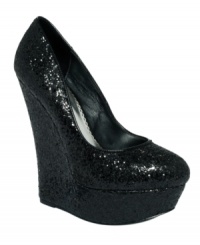 Dare to take your evening look to colossal new heights. The Omega platform wedges by Bebe catch light with their endless sparkle and turn heads with their soaring heel. Dare to take your evening look to colossal new heights. The Omega platform wedges by Bebe catch light with their endless sparkle and turn heads with their soaring heel.