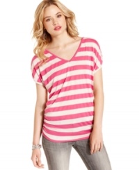 Born to lounge: stripes galore evoke easygoing style on this relaxed fit tee from Pink Rose that sports a fun, back cutout! Born to lounge: stripes galore evoke easygoing style on this relaxed fit tee from Pink Rose that sports a fun, back cutout!
