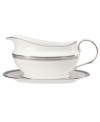 Inspired by the trim on an elegant gown, the graceful Lace Couture gravy boat features an intricate platinum border that combines harmoniously with white bone china for unparalleled style. From Lenox.