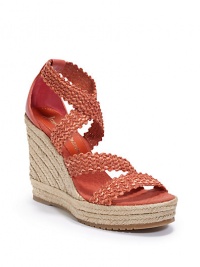 THE LOOKCrisscross two-tone woven raffia upperAdjustable leather ankle strapBraided leather trim around the outsoleWoven raffia-covered wedge, 5 (125mm)Hemp-covered platform, 1½ (40mm)Compares to a 3½ heel (90mm)THE MATERIALWoven raffia upper and liningSuede footbedRubber soleORIGINMade in Spain