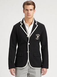 Preppy style meets luxurious comfort in this supremely lightweight cotton jersey blazer, finished with contrast piping and an embroidered crest for a heritage appeal.Button frontChest patch, waist flap pocketsRear ventAbout 29 from shoulder to hemCottonDry cleanImported Preppy style meets luxurious comfort in this supremely lightweight cotton jersey blazer, finished with contrast piping and an embroidered crest for a heritage appeal.Button frontChest patch, waist flap pocketsRear ventAbout 29 from shoulder to hemCottonDry cleanImported
