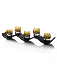 Give your home a golden touch with Solaris candle holders from Mikasa. Sunny yellow glass amplifies the warm glow of votives on a wave of black metal. Give your home a golden touch with Solaris candle holders from Mikasa. Sunny yellow glass amplifies the warm glow of votives on a wave of black metal.