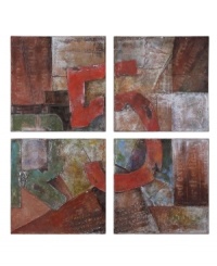 Pull a room together. Spread across four canvas panels, the Route 5 painting features layers of rich earth tones for added dimension and a graffiti-like collage inspired by the busy New England roadway. Pull a room together. Spread across four canvas panels, the Route 5 painting features layers of rich earth tones for added dimension and a graffiti-like collage inspired by the busy New England roadway.