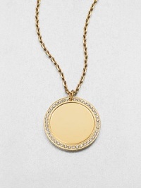 A simply chic circular pendant accented with sparkling rhinestones on a link chain. Glass stonesIon-plated brass and steelLength, about 16Pendant size, about .66 Lobster clasp closureImported A simply chic circular pendant accented with sparkling rhinestones on a link chain. Glass stonesIon-plated brass and steelLength, about 16Pendant size, about .66 Lobster clasp closureImported