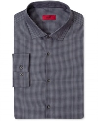 Step outside of the cubicle with this eye-catching patterned, slim-fit dress shirt from Hugo Boss. Step outside of the cubicle with this eye-catching patterned, slim-fit dress shirt from Hugo Boss.