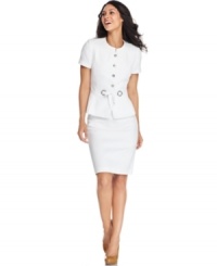 In classic Tahari by ASL fashion, this suit features tailored touches that make it look like it was custom-made. Hardware details add a contemporary touch. In classic Tahari by ASL fashion, this suit features tailored touches that make it look like it was custom-made. Hardware details add a contemporary touch.