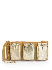 THE LOOKFlat rectangular silhouetteAdjustable spike chain crossbody strapLogo ID tagTop zip closureThree outside metallic croc-embossed lambskin pockets with push-lock flapsContrast calfskin pipingOne inside zip pocketOne inside open pocketInside logo detailTHE MEASUREMENTAdjustable crossbody strap, 24-26 drop14W X 6½H X ½DTHE MATERIALCalfskinMetallic lambskin trimSuede liningORIGINImported THE LOOKFlat rectangular silhouetteAdjustable spike chain crossbody strapLogo ID tagTop zip closureThree outside metallic croc-embossed lambskin pockets with push-lock flapsContrast calfskin pipingOne inside zip pocketOne inside open pocketInside logo detailTHE MEASUREMENTAdjustable crossbody strap, 24-26 drop14W X 6½H X ½DTHE MATERIALCalfskinMetallic lambskin trimSuede liningORIGINImported
