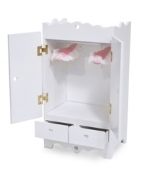 Careful craftsmanship and adorable details make this delightful wooden armoire furniture piece a must for any doll! Scaled perfectly for dolls up to 20, each value-priced piece features hand-detailing and sturdy construction. Armoire includes two upholstered hangers. Ages 3+ 14.75 x 21.5 x 11 boxed 12 x 20 x 9 assembled Careful craftsmanship and adorable details make this delightful wooden armoire furniture piece a must for any doll! Scaled perfectly for dolls up to 20, each value-priced piece features hand-detailing and sturdy construction. Armoire includes two upholstered hangers. Ages 3+ 14.75 x 21.5 x 11 boxed 12 x 20 x 9 assembled
