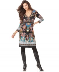 An exotic mix of prints decorate this ECI dress. The stretch jersey fabric gives it an elegant fit that works day or night! An exotic mix of prints decorate this ECI dress. The stretch jersey fabric gives it an elegant fit that works day or night!