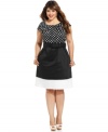Look darling from desk to dinner with Spense's short sleeve plus size dress, featuring a polka-dot top and colorblocked skirt.