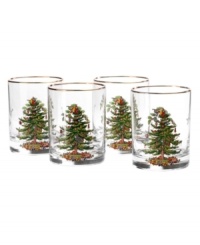 Enjoy a cocktail this holiday in these charming double old-fashioned glasses, featuring Spode's beloved Christmas Tree pattern. A full evergreen tree is impeccably decorated with baubles and tinsel, with gifts placed underneath. Set of four, each with golden rim. Each glass holds fourteen ounces of your favorite beverage. Enjoy a cocktail this holiday in these charming double old-fashioned glasses, featuring Spode's beloved Christmas Tree pattern. A full evergreen tree is impeccably decorated with baubles and tinsel, with gifts placed underneath. Set of four, each with golden rim. Each glass holds fourteen ounces of your favorite beverage.