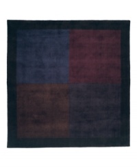 A checkerboard pattern in striking shades of purple creates a square, handcrafted rug with modern grace and style. A deep lavender border encases the design, finishing the rug with a subtle, beautiful color contrast. Made of plush wool with silk accents, which adds rich highlights and distinct texture to the rug. (Clearance) A checkerboard pattern in striking shades of purple creates a square, handcrafted rug with modern grace and style. A deep lavender border encases the design, finishing the rug with a subtle, beautiful color contrast. Made of plush wool with silk accents, which adds rich highlights and distinct texture to the rug. (Clearance)