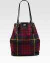 A leather accented style in classic canvas tartan with an iconic razor detail.Double adjustable leather top handles, 1-13 dropOpen topOne inside zip pocketTwo inside open pocketsCotton lining12½W X 15H X 5½DMade in Italy