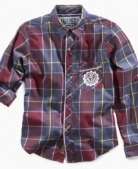 He can roll up his sleeves and get down to the business of looking good with this plaid shirt from Guess. He can roll up his sleeves and get down to the business of looking good with this plaid shirt from Guess.