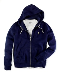 Cut for a comfortable, classic fit, a long-sleeved full-zip hoodie is crafted in supremely soft fleece with a cozy waffle-knit lining inside the hood. Cut for a comfortable, classic fit, a long-sleeved full-zip hoodie is crafted in supremely soft fleece with a cozy waffle-knit lining inside the hood.